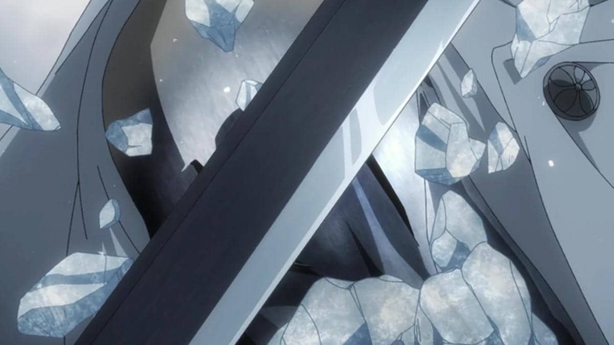 Cang Du dari Bleach TYBW Part 4 berdiri dengan kulit mengeras seperti besi, menampilkan kekuatan pertahanannya.
