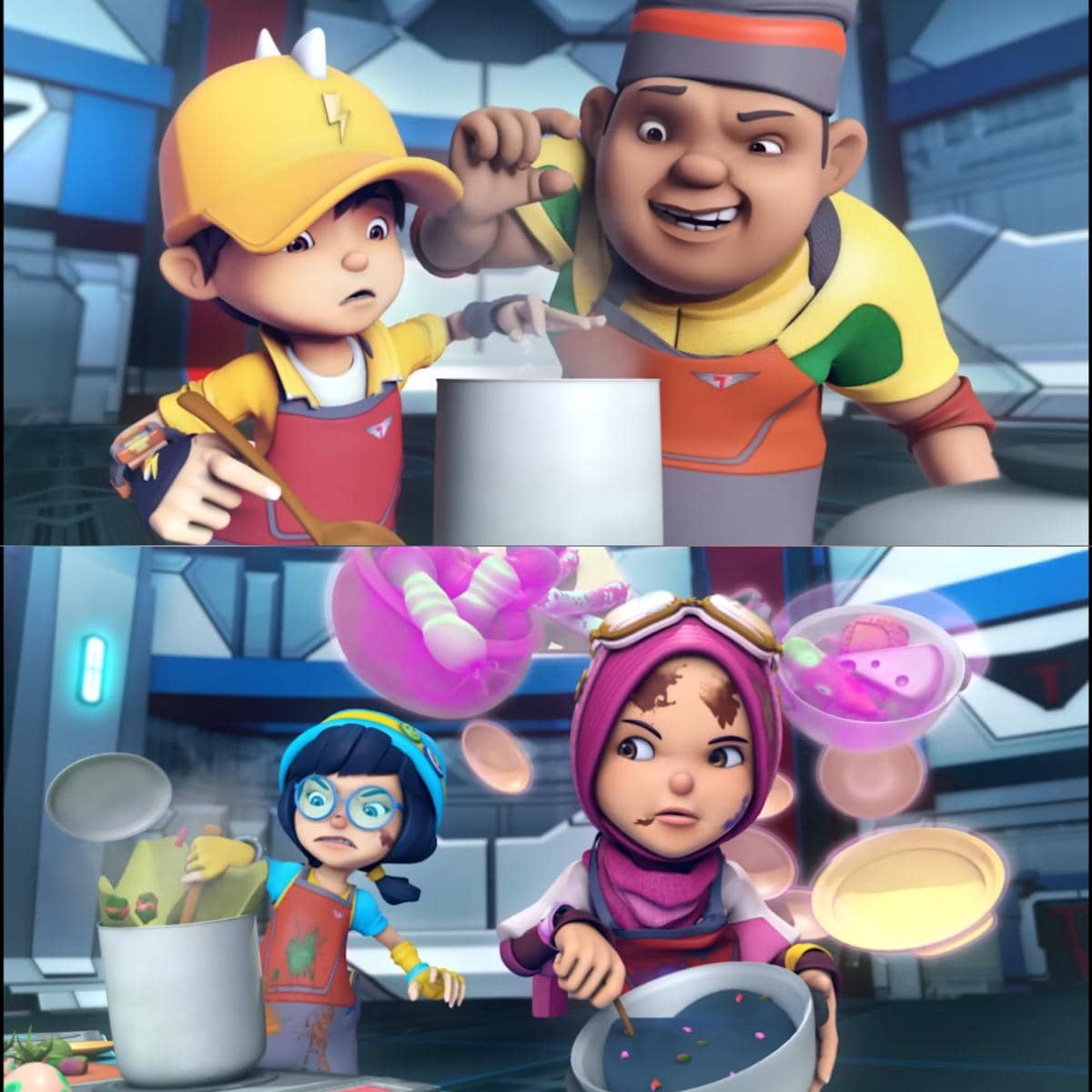 ujian memasak berkelompok yang dijalani BoBoiBoy dan kawan-kawan