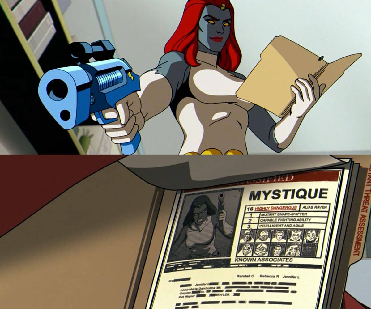 Karakter Mystique berambut merah dengan wajah biru dalam serial animasi X-Men '97 musim kedua produksi Marvel Animation.