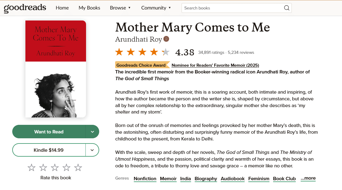 Rating "Mother Mary Comes to Me" (tangkapan layar Goodreads)
