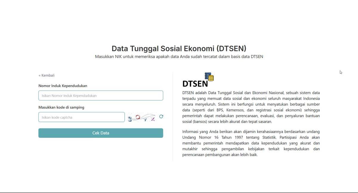 Tangkapan layar halaman formulir dtsen-form.bps.go.id untuk mengecek status desil DTSEN melalui situs BPS.