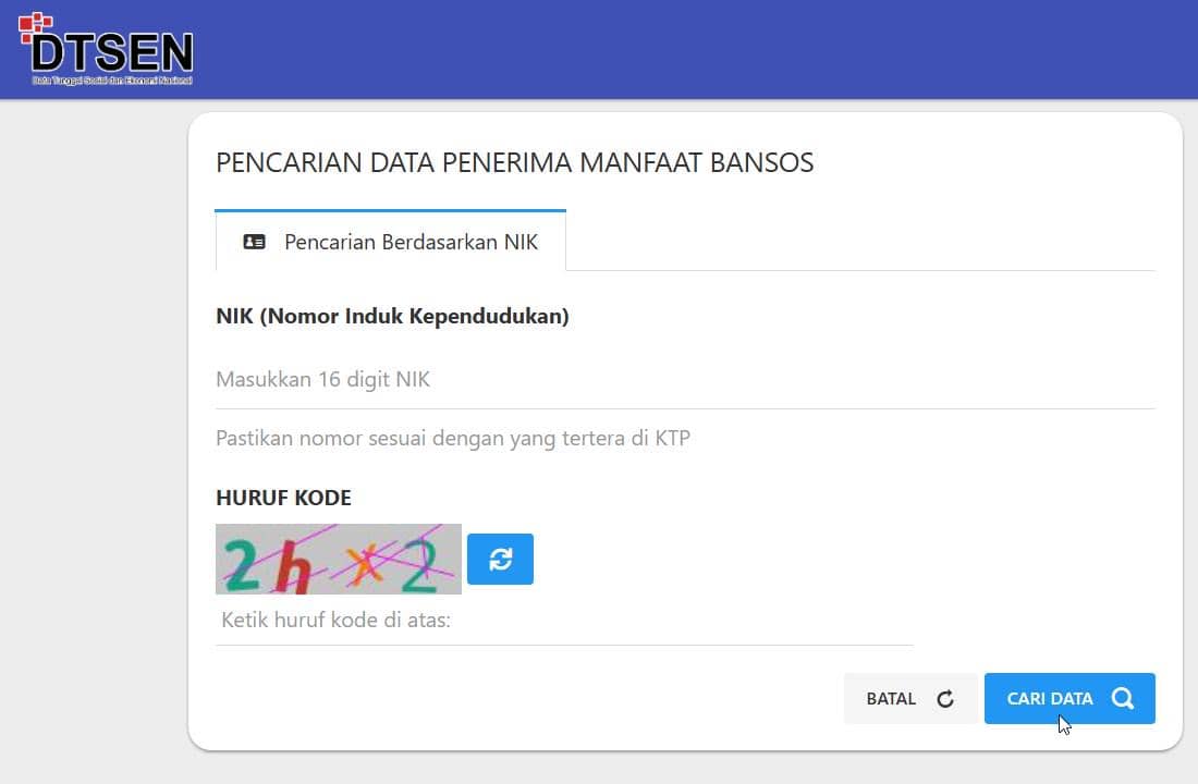 Tampilan situs Cek Bansos Kemensos dengan formulir pencarian untuk memeriksa status desil penerima bantuan sosial.