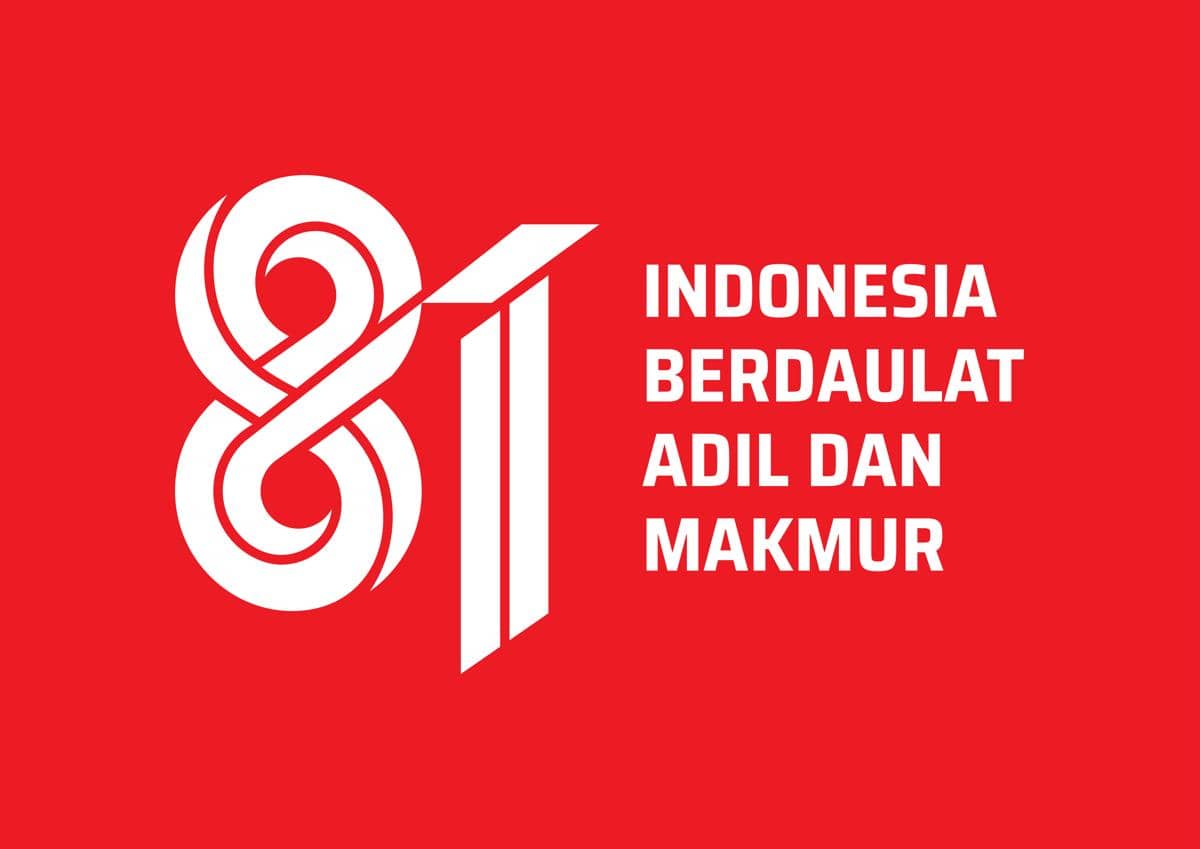 Logo resmi HUT ke-81 Republik Indonesia berwarna putih dengan angka 81 bergaya grafis di atas latar merah.