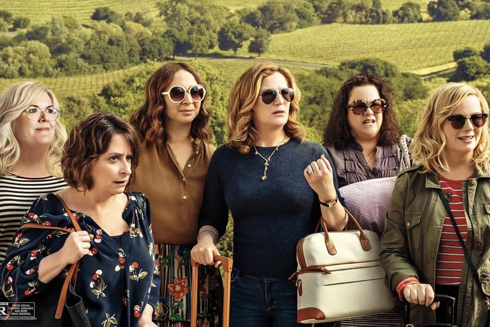 Cuplikan adegan para perempuan berkumpul dan berbincang dalam film komedi Wine Country produksi Netflix.