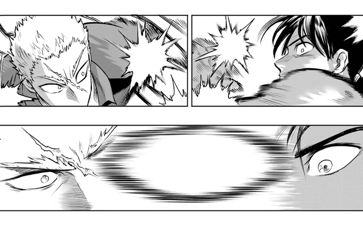 Garou dan Suiryu tampak terpancing oleh sesuatu dengan ekspresi tegang dalam adegan manga One Punch Man.