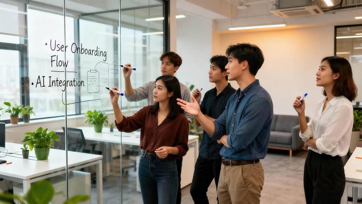 ilustrasi AI, teamwork, meeting, suasana kantor, rekan kerja