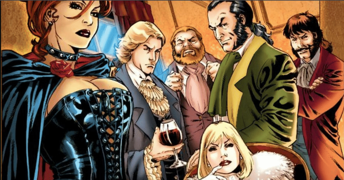 Ilustrasi Hellfire Club, kelompok antagonis dalam komik X-Men terbitan Marvel Comics, bersama para anggotanya.