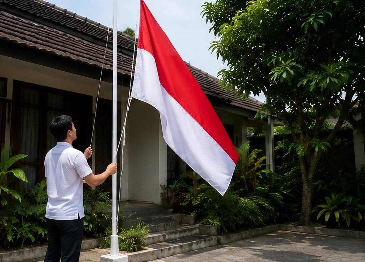 Ilustrasi pasang Bendera Negara di depan rumah