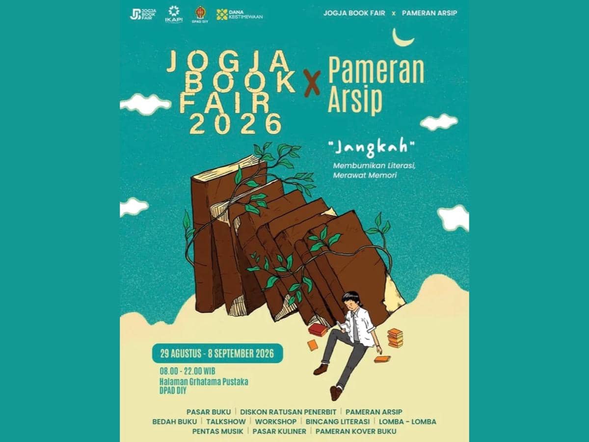 Visual Jogja Book Fair 2026 yang dikaitkan dengan akun Instagram @jogja.book.fair sebagai informasi acara buku di Yogyakarta.
