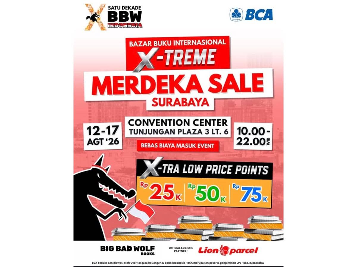 Poster promosi BBW X-Treme Merdeka Sale di Surabaya dari akun Instagram BBW Books Indonesia yang dibagikan.