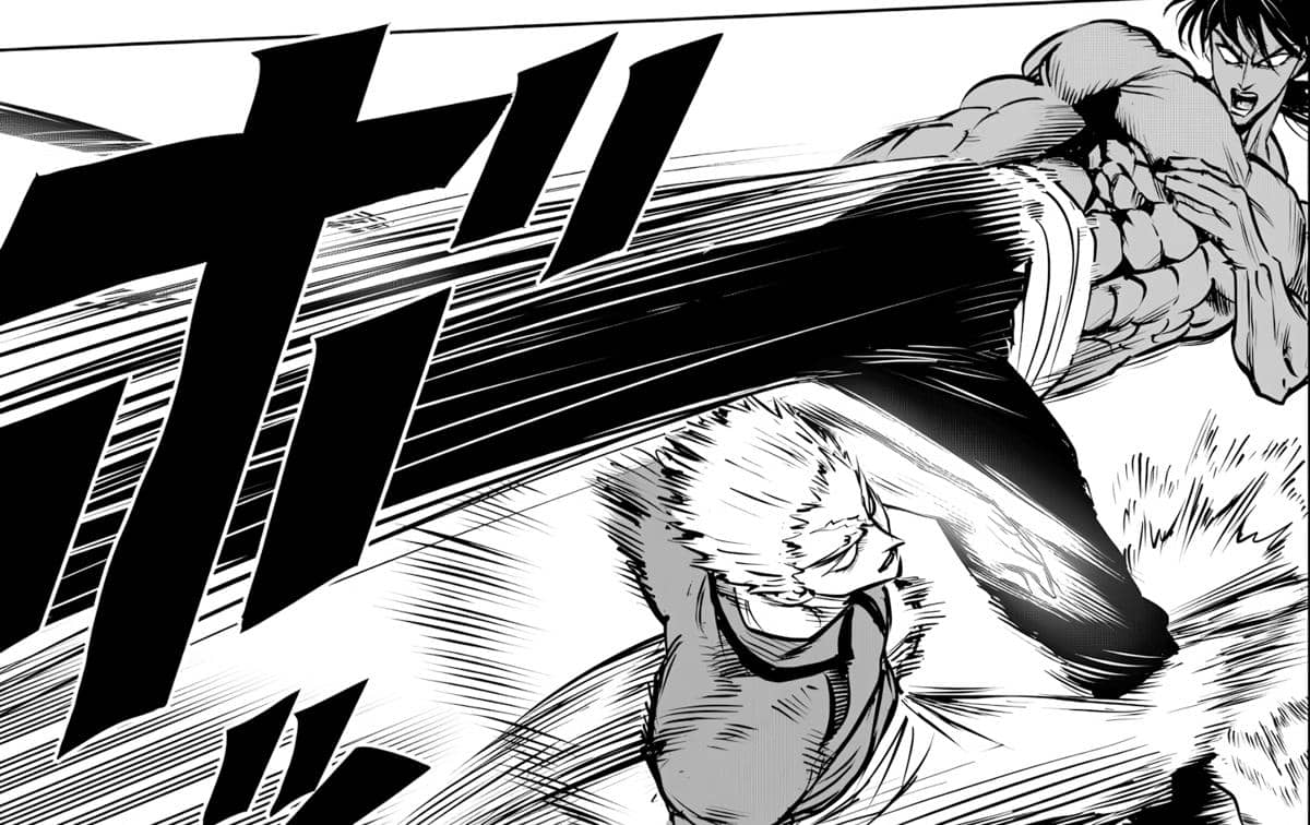 Garou melancarkan serangan ke bagian kaki Suiryu dalam adegan pertarungan sengit dari serial One Punch Man.