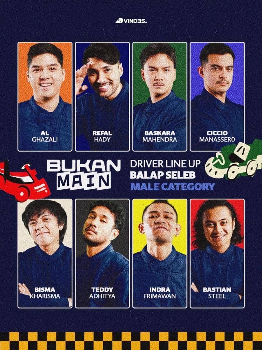 Line up artis dari male category yang ikutan balap seleb di VINDES Bukan Main 2026 (instagram.com/vindes.ig)