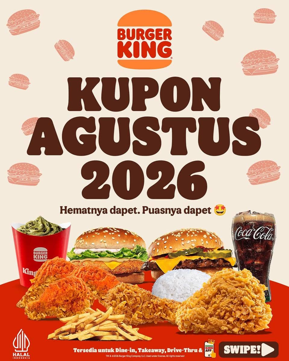 Promo 17 Agustus 2026 Burger King Indonesia dengan kupon paket favorit yang dapat disimpan dan digunakan di gerai terdekat.