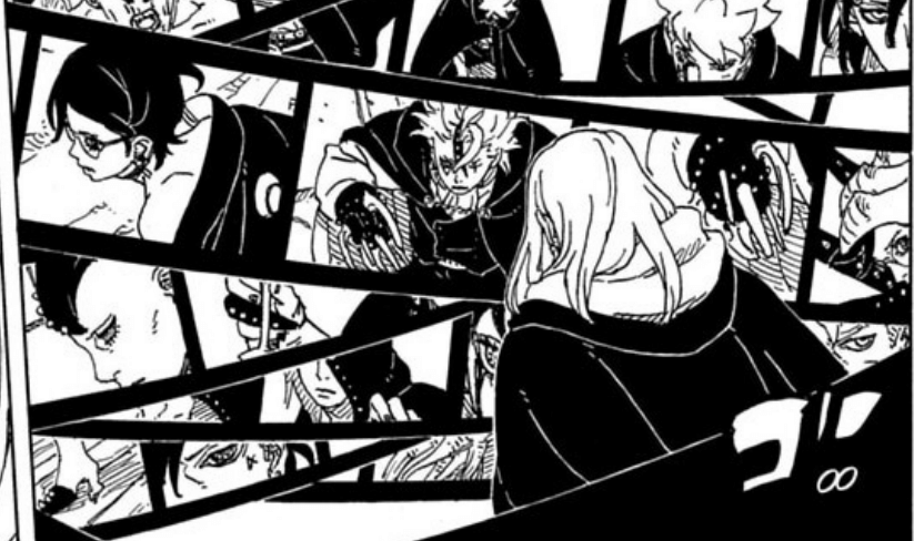 Ilustrasi Kashin Koji dengan gambaran masa depan yang ia lihat berdasarkan penglihatannya dalam Boruto: Two Blue Vortex.