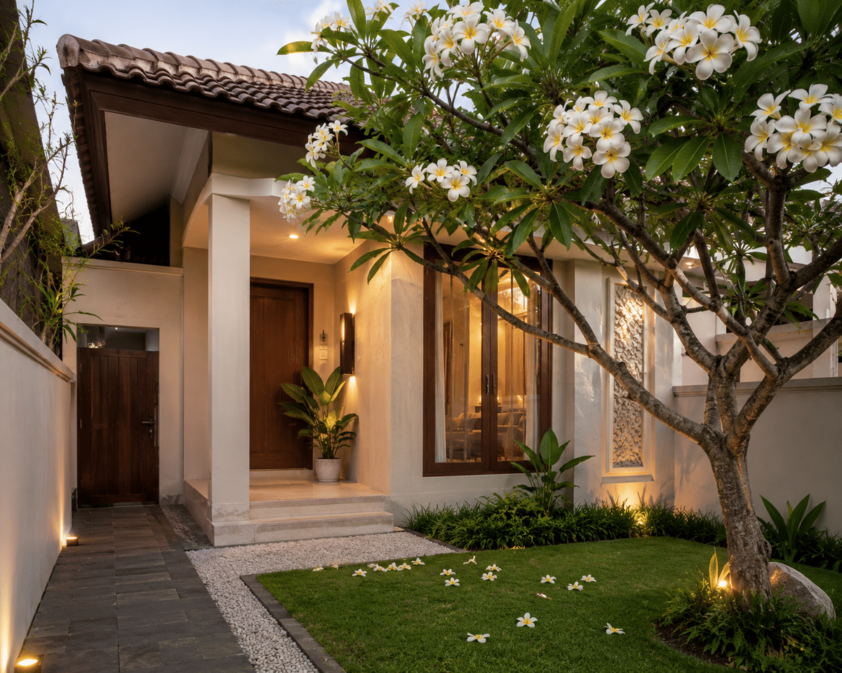 Ilustrasi rumah dengan pohon Kamboja Bali