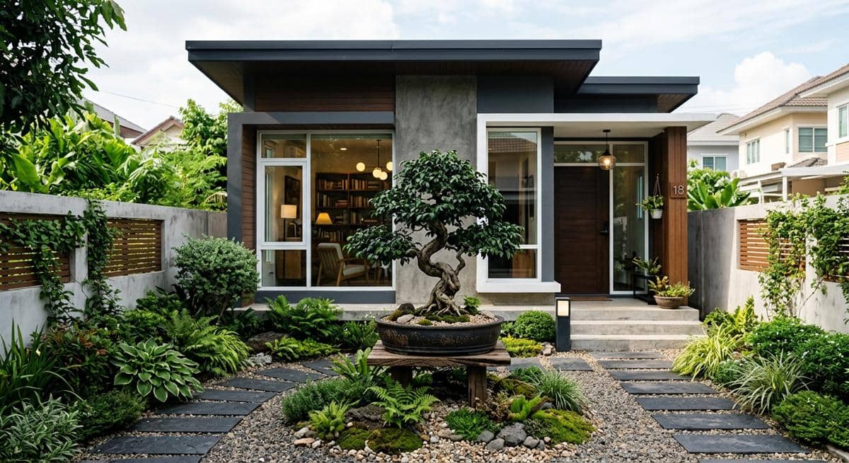 Ilustrasi rumah dengan pohon Bonsai Beringin