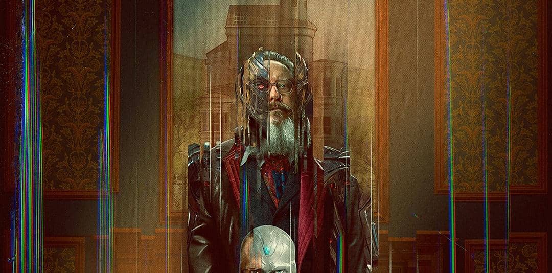 Karakter Ultron dengan wajah robotik berwarna perak dan mata merah dalam serial Marvel VisionQuest dari Marvel Studios.