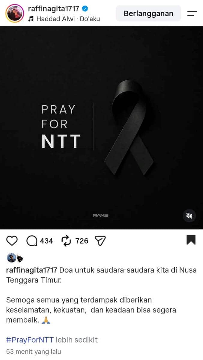 Raffi Ahmad dan Nagita Slavina sampaikan ucapan duka atas musibah gempa 7,7 magnitudo di NTT