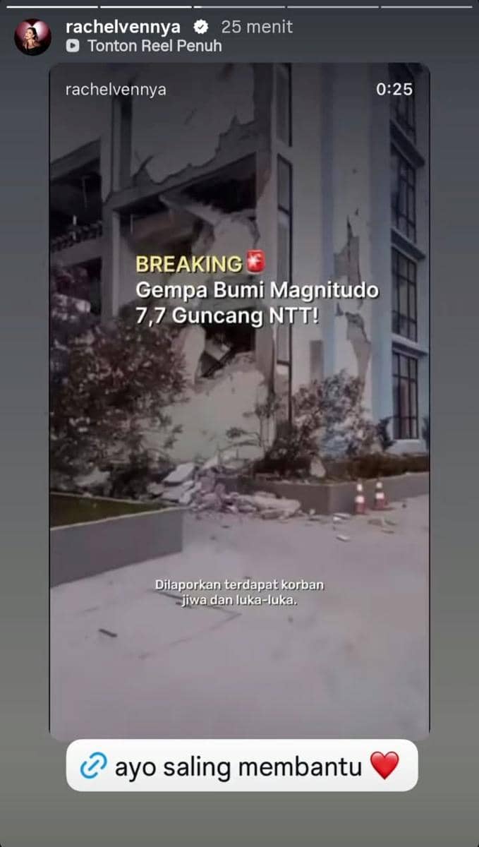 Rachel Vennya sampaikan ucapan duka atas musibah gempa 7,7 magnitudo di NTT