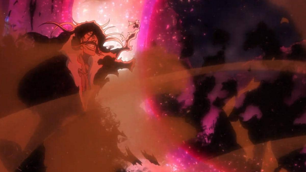 Yhwach dihantam serangan Gran Rey Cero dan Getsuga Tensho bercahaya dalam adegan anime Bleach TYBW Part 4.