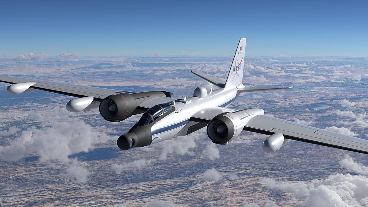 gambaran artis pesawat NASA WB-57 yang terkenal dengan bentuk hidungnya yang menyimpan peralatan canggih penelitian