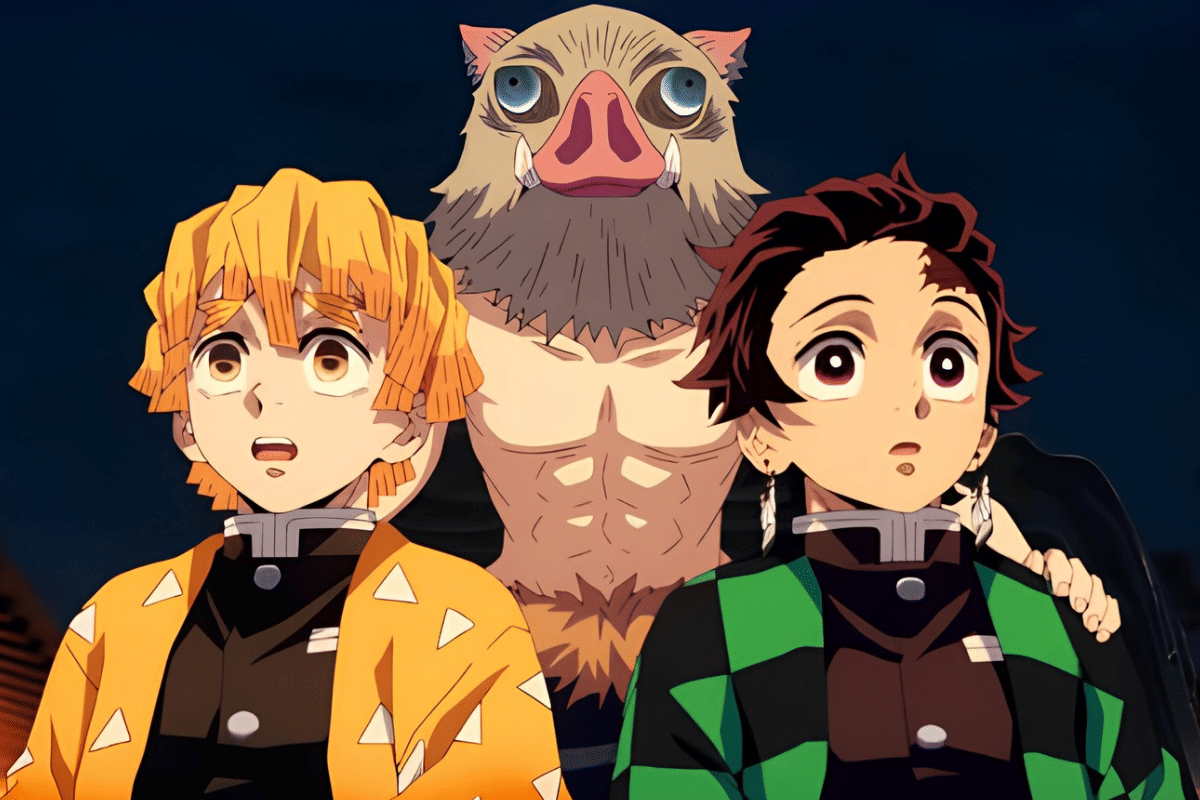 Inosuke, Zenitsu, dan Tanjiro dalam Demon Slayer: Kimetsu no Yaiba
