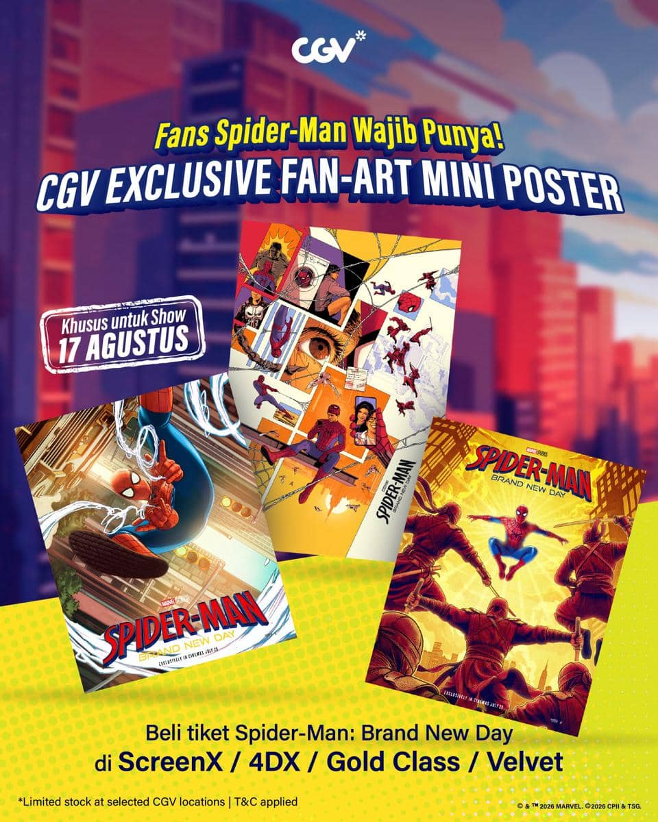 Poster promo CGV untuk peringatan 17 Agustus dengan informasi penawaran menonton di bioskop bagi penonton.