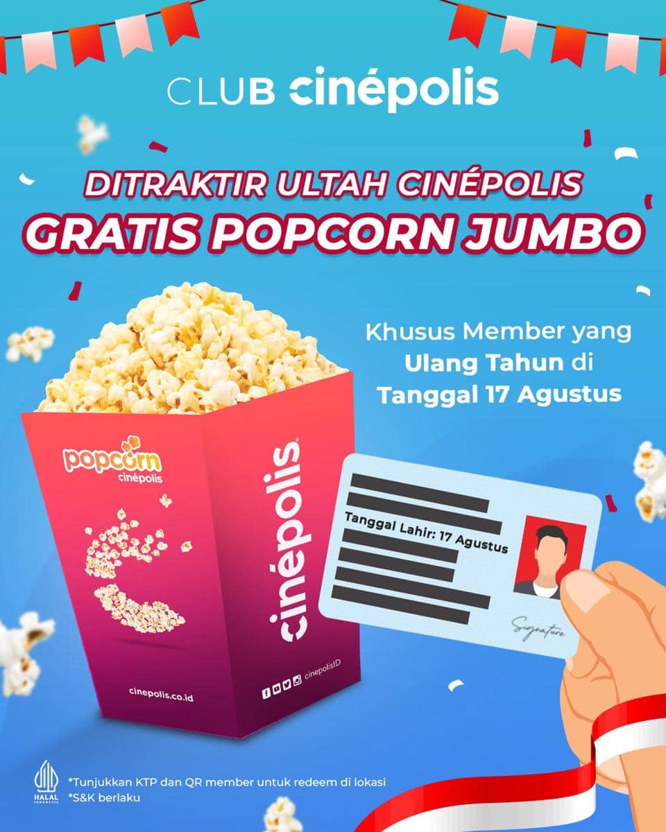 Poster promosi Cinepolis bertema 17 Agustus dengan informasi penawaran menonton film selama perayaan kemerdekaan.