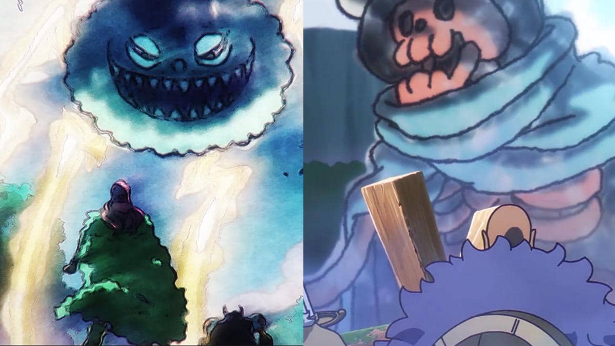 Monster petir dan Draugr tampak mengamuk dalam adegan animasi One Piece produksi Toei yang penuh ancaman.