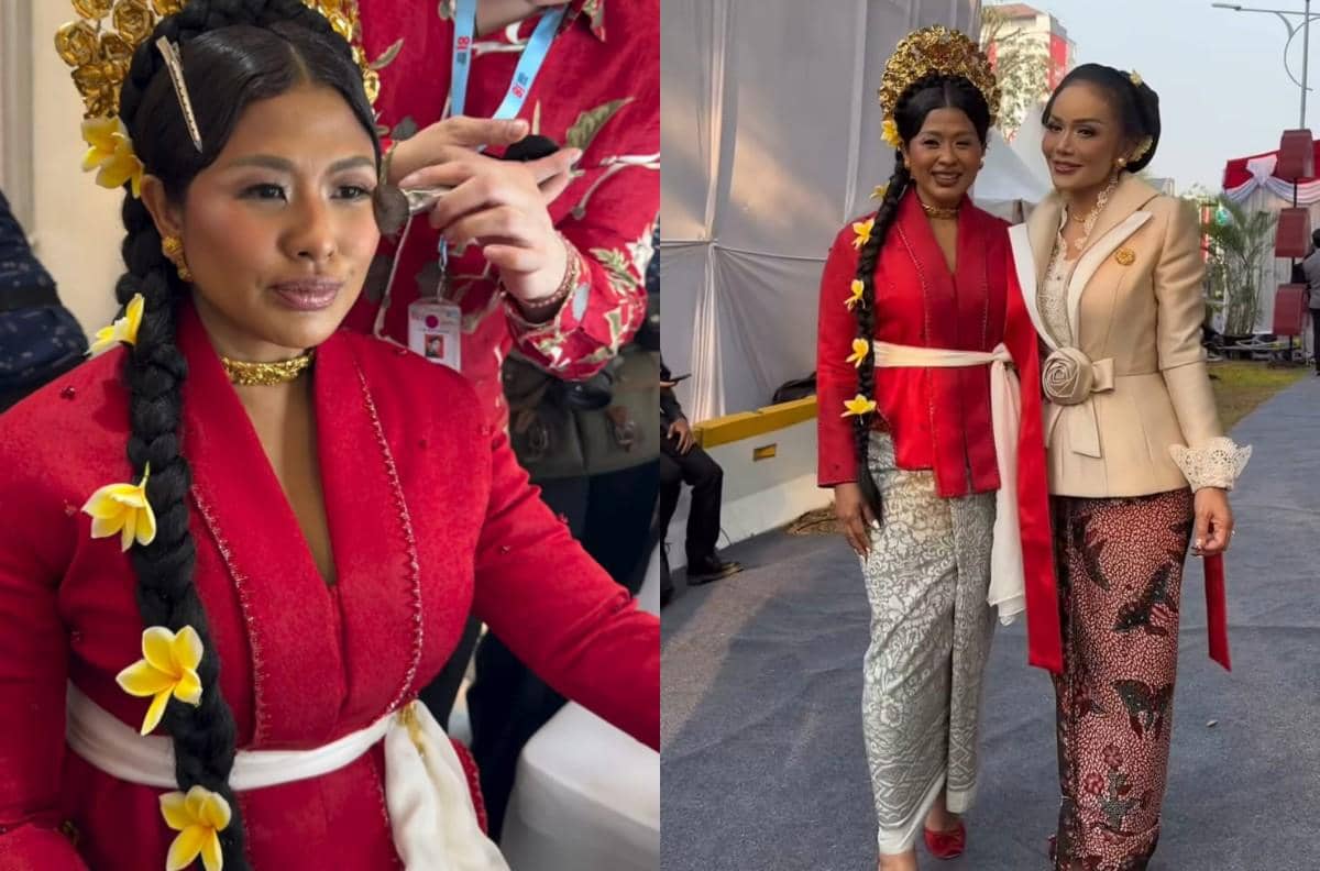 Dira Sugandi tampil dengan OOTD saat mengikuti upacara kenaikan bendera, dibagikan melalui akun Instagramnya.