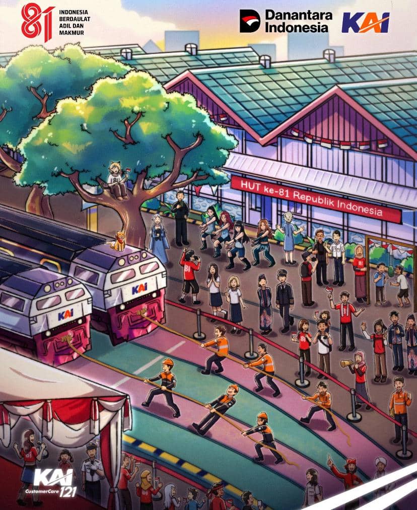 Poster ilustrasi KAI dengan desain grafis bertema layanan transportasi kereta api Indonesia bagi para penumpang.