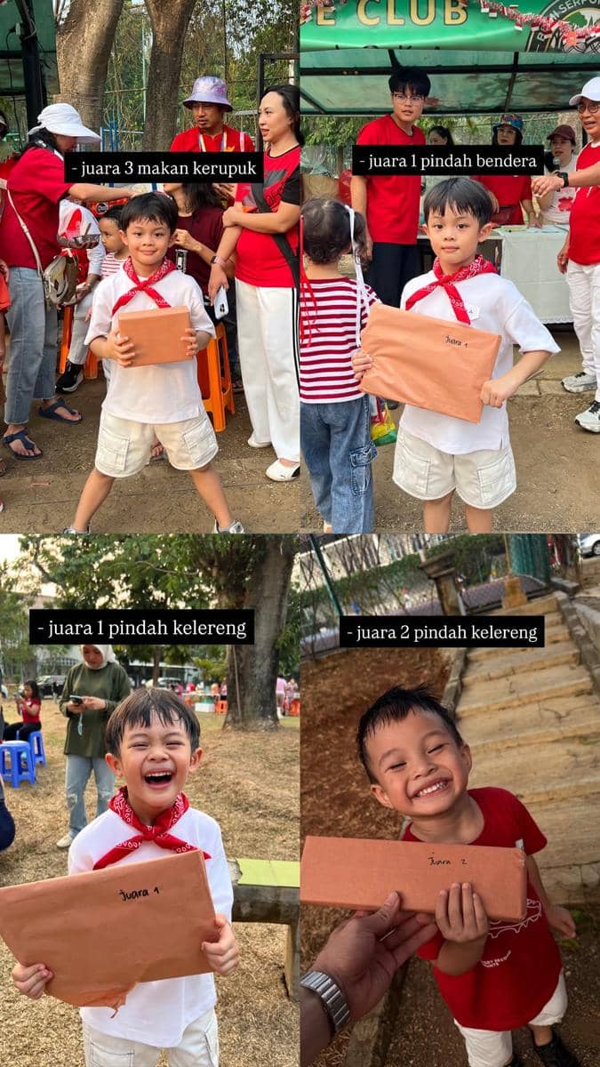 Anak artis mengikuti lomba 17-an dalam rangka perayaan Hari Kemerdekaan Indonesia bersama para peserta lainnya.