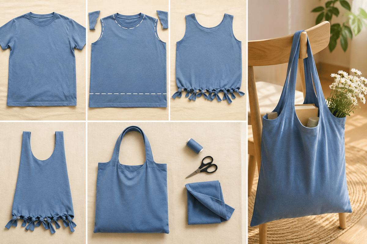 Ilustrasi tote bag dari kaus bekas (generated image by ChatGPT/Robertus Ari)