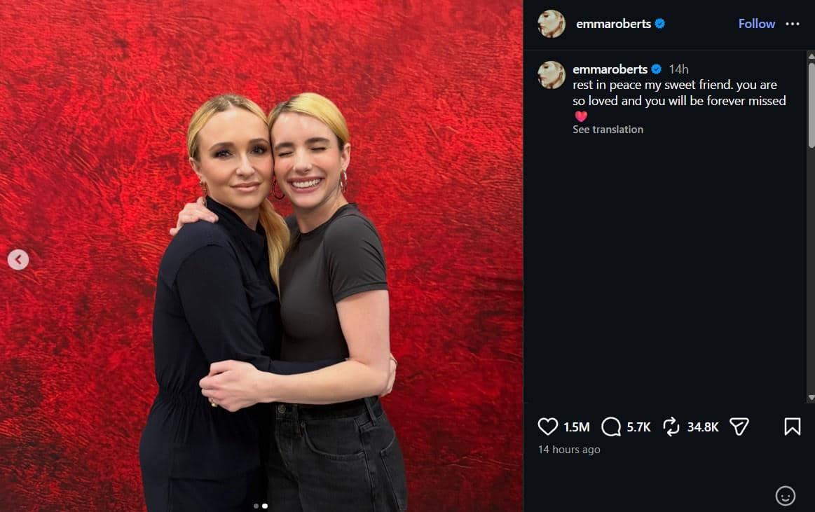 Unggahan Instagram Emma Roberts berisi ucapan duka atas meninggalnya aktris Hollywood Hayden Panettiere.