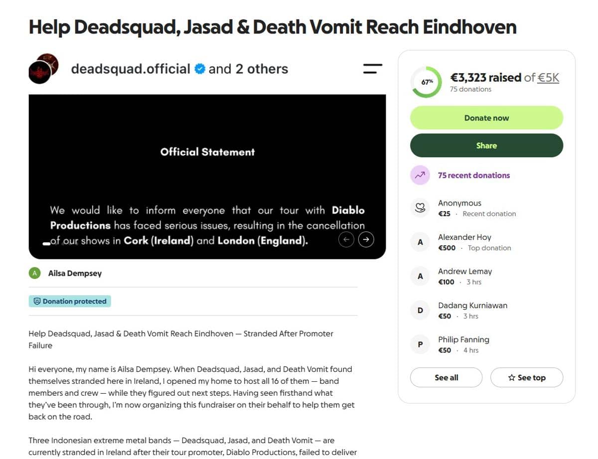 Tangkapan layar pernyataan resmi Deadsquad mengenai pembatalan konser mereka di Irlandia dan Inggris.