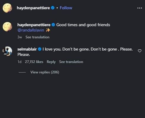 Unggahan Instagram Selma Blair berisi ucapan duka dari artis Hollywood atas meninggalnya Hayden Panettiere.