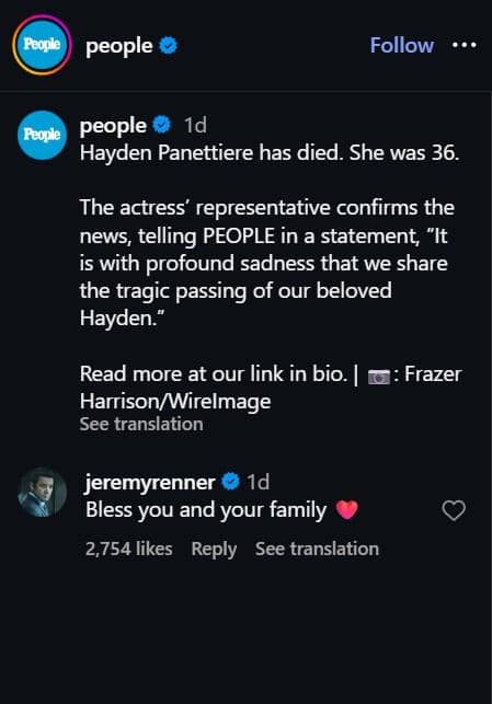 Unggahan Instagram Jeremy Renner berisi ucapan duka atas meninggalnya aktris Hayden Panettiere di media sosial.