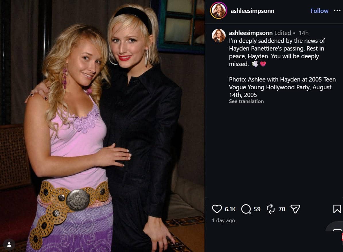 Unggahan Instagram Ashlee Simpson berisi ucapan duka atas meninggalnya aktris Hollywood Hayden Panettiere.