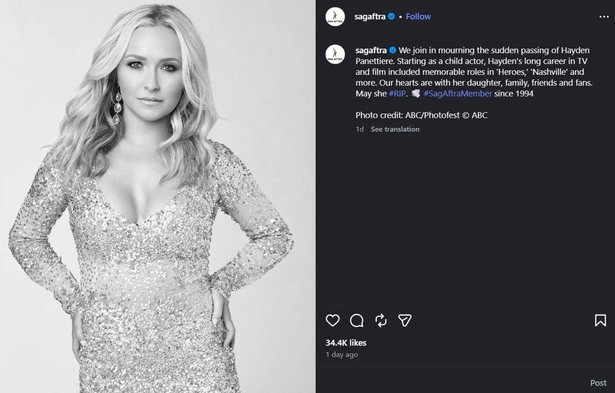 Unggahan Instagram SAG-AFTRA menyampaikan ucapan duka atas meninggalnya aktris Hollywood Hayden Panettiere.