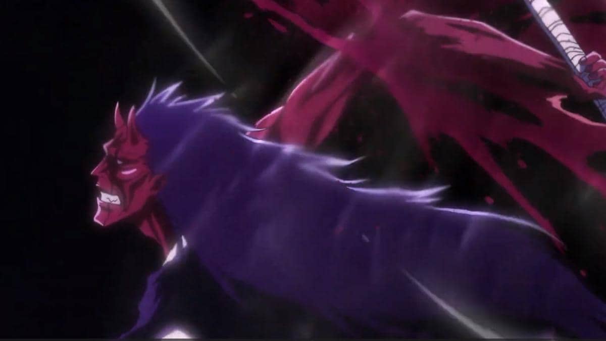 Zaraki tampak kehilangan salah satu lengannya dalam adegan anime Bleach TYBW Part 4 dari Pierrot.