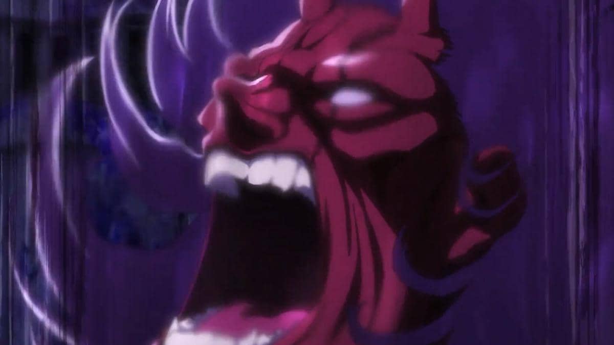 Zaraki Kenpachi meraung dengan ekspresi garang dalam adegan anime Bleach: Thousand-Year Blood War Part 4.