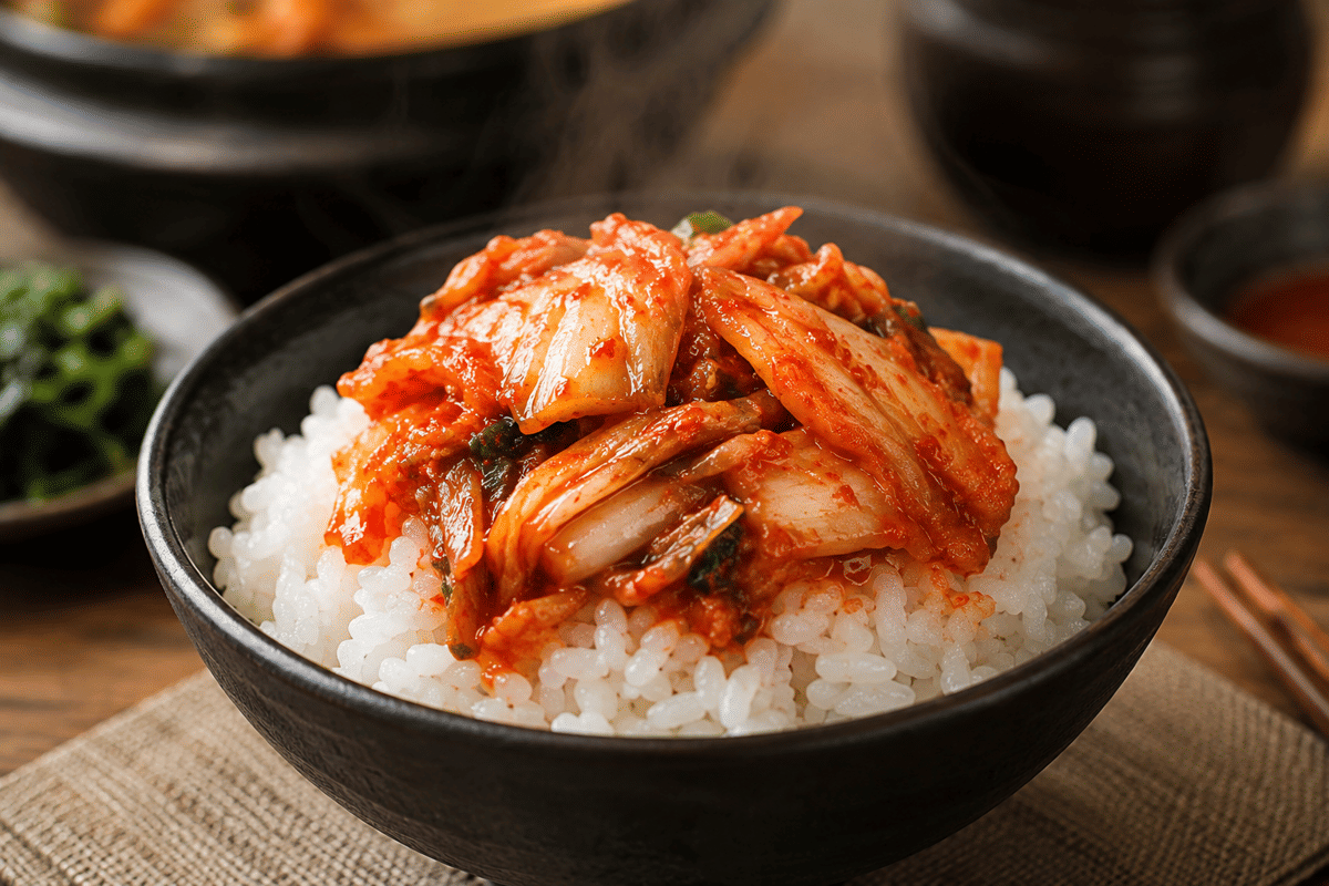 Semangkuk nasi putih hangat disajikan bersama kimchi merah berbumbu dalam ilustrasi makanan Korea di atas meja.