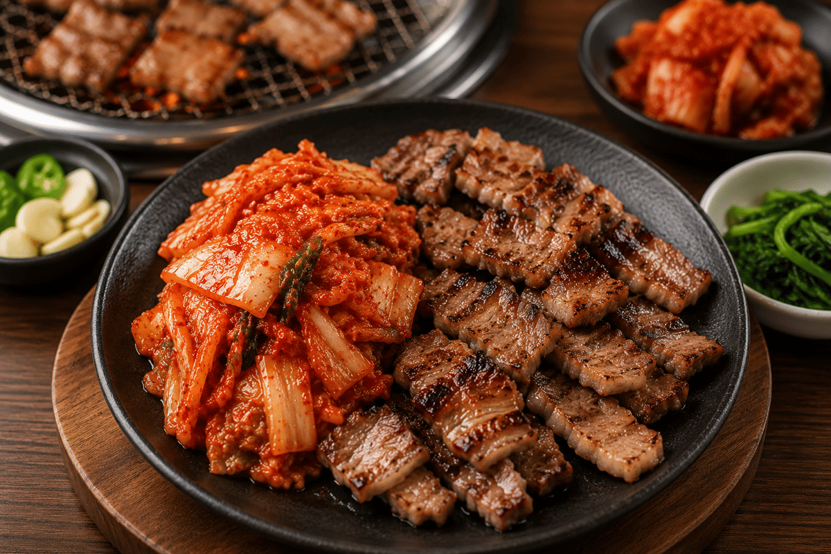 Ilustrasi semangkuk kimchi merah pedas disajikan bersama irisan daging panggang kecokelatan di atas meja makan.