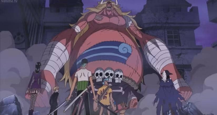 Pasukan Topi Jerami bertarung bersama melawan Oars dalam adegan anime One Piece.