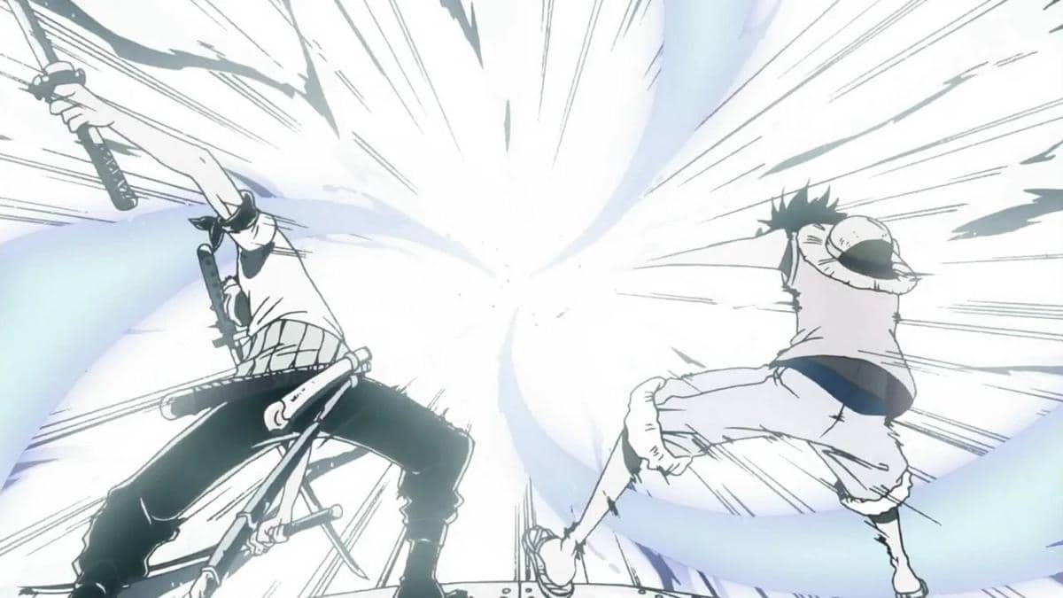 Luffy dan Zoro melancarkan serangan gabungan Gomu Gomu no 300 Pound Cannon untuk melawan Aqua Laguna.