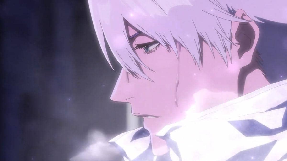 Hitsugaya tampak kelelahan setelah menggunakan Bankai dalam anime Bleach TYBW Part 4, dengan ekspresi lemah.