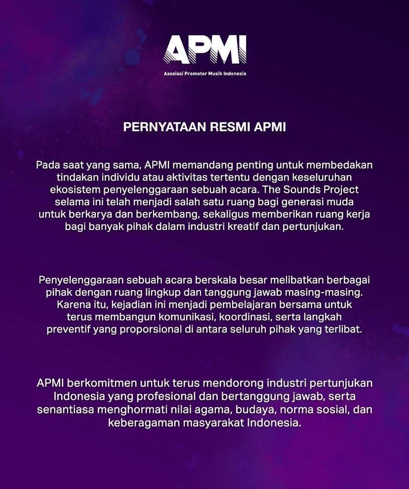 Tangkapan layar unggahan Instagram akun APMI yang memuat pernyataan resmi organisasi kepada publik secara tertulis.