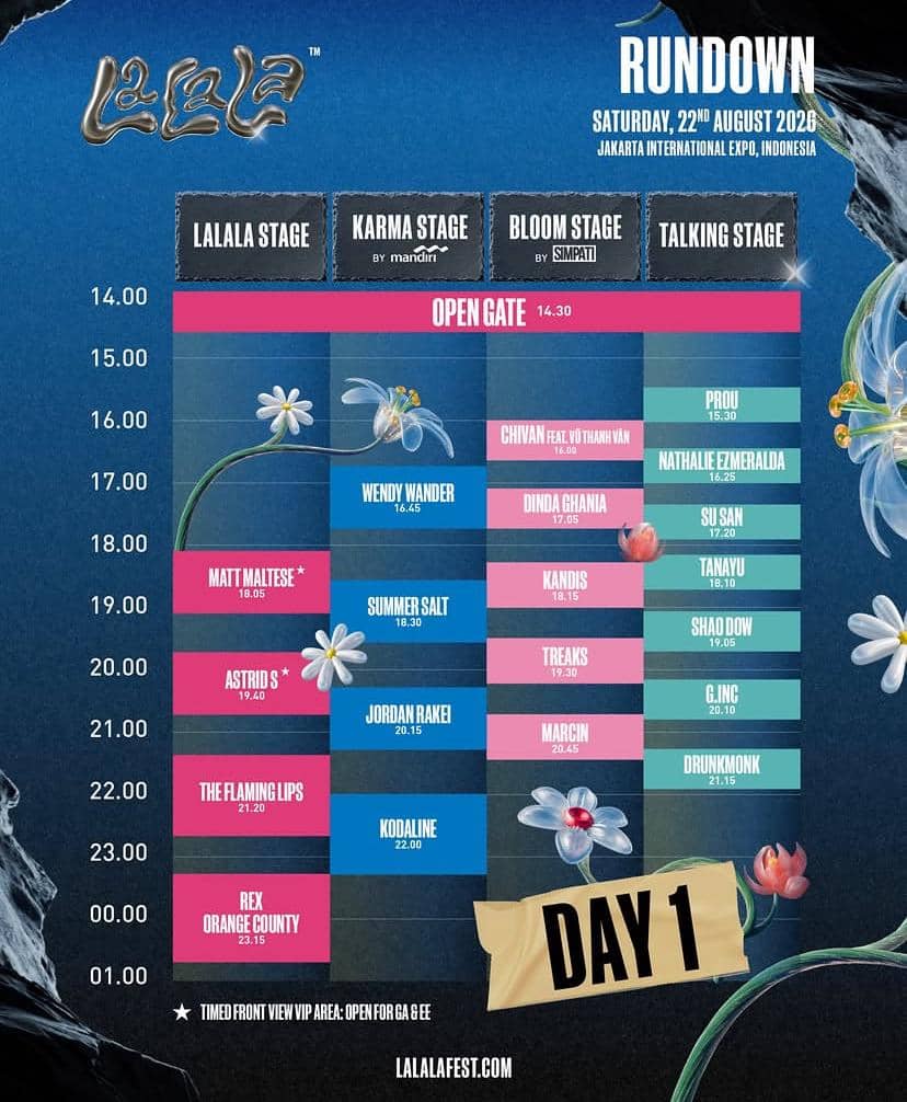 Poster rundown LaLaLa Festival 2026 dari akun Instagram lalala.fest dengan jadwal acara festival musik.