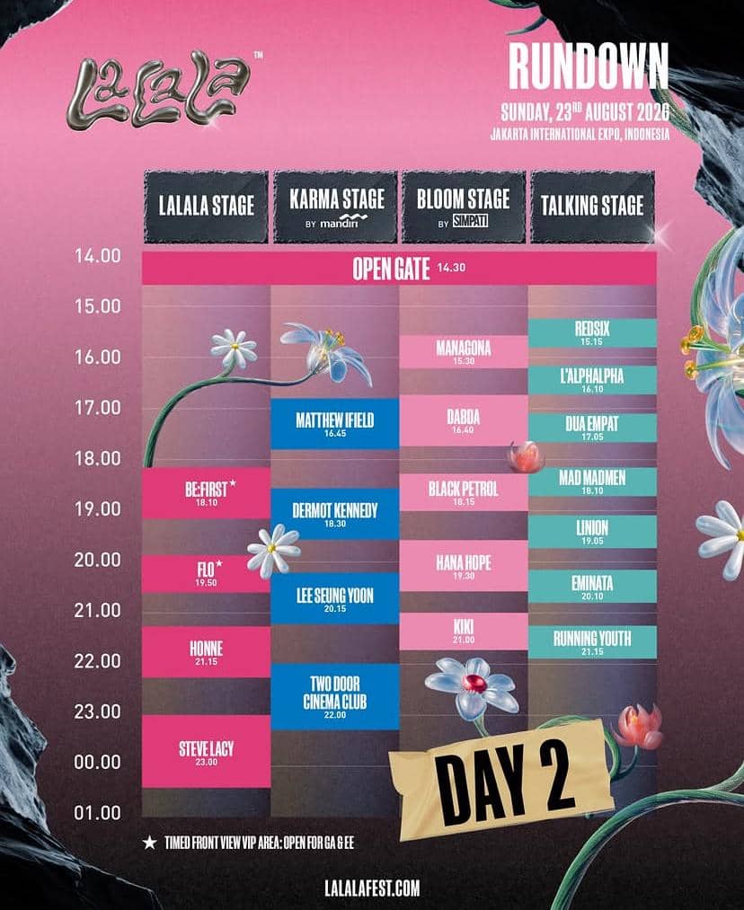 Poster rundown LaLaLa Festival 2026 dari akun Instagram @lalala.fest, berisi jadwal acara festival musik.