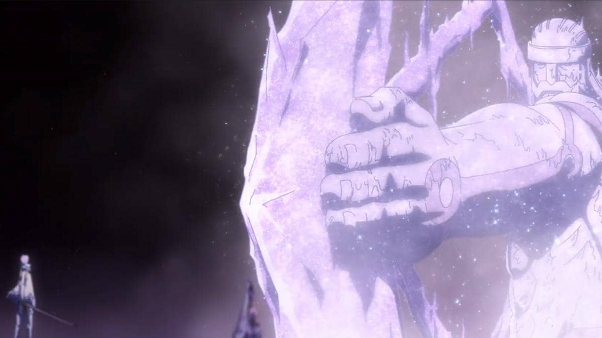 Hitsugaya membekukan Gerard dengan serangan es dalam adegan anime Bleach TYBW Part 4 yang penuh aksi.